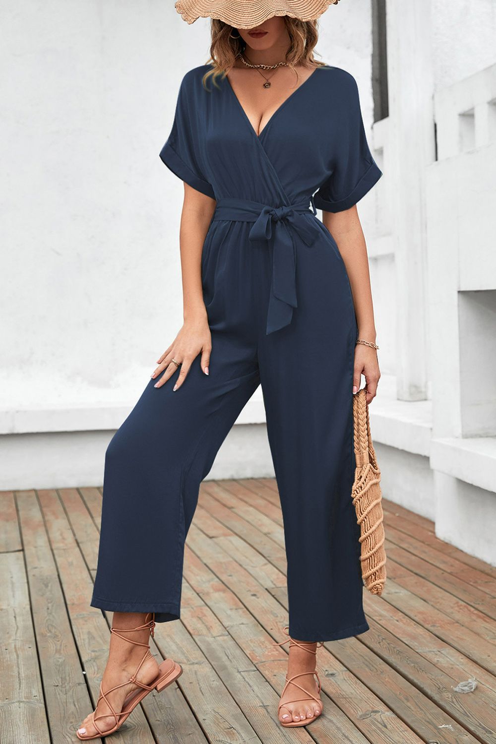 Tie Waist Surplice Wide Leg Jumpsuit