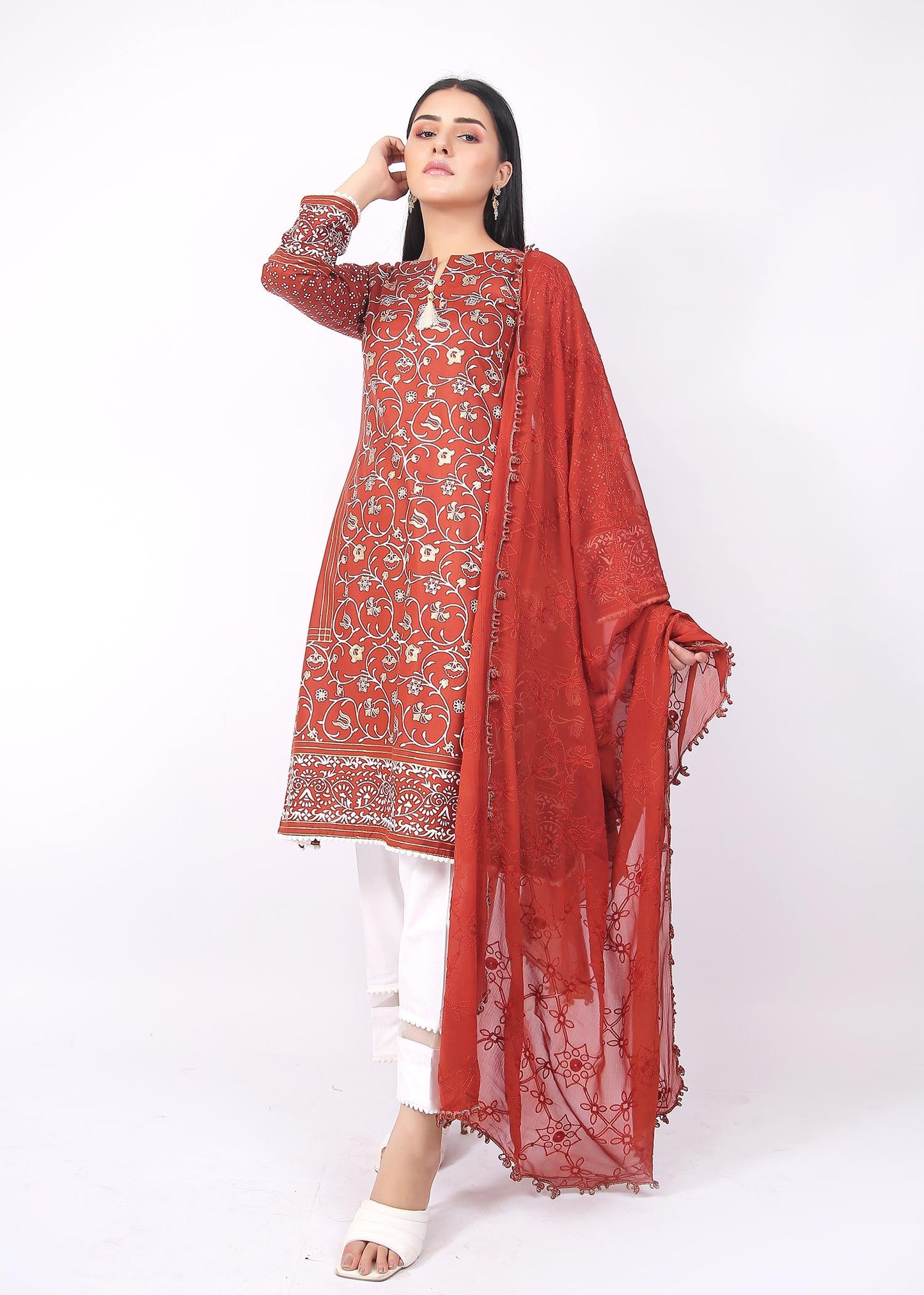 FashionPorters - Unstitched 3 Piece Block Printed Cotton Lawn Orange Rust Suit SUS22-RY15