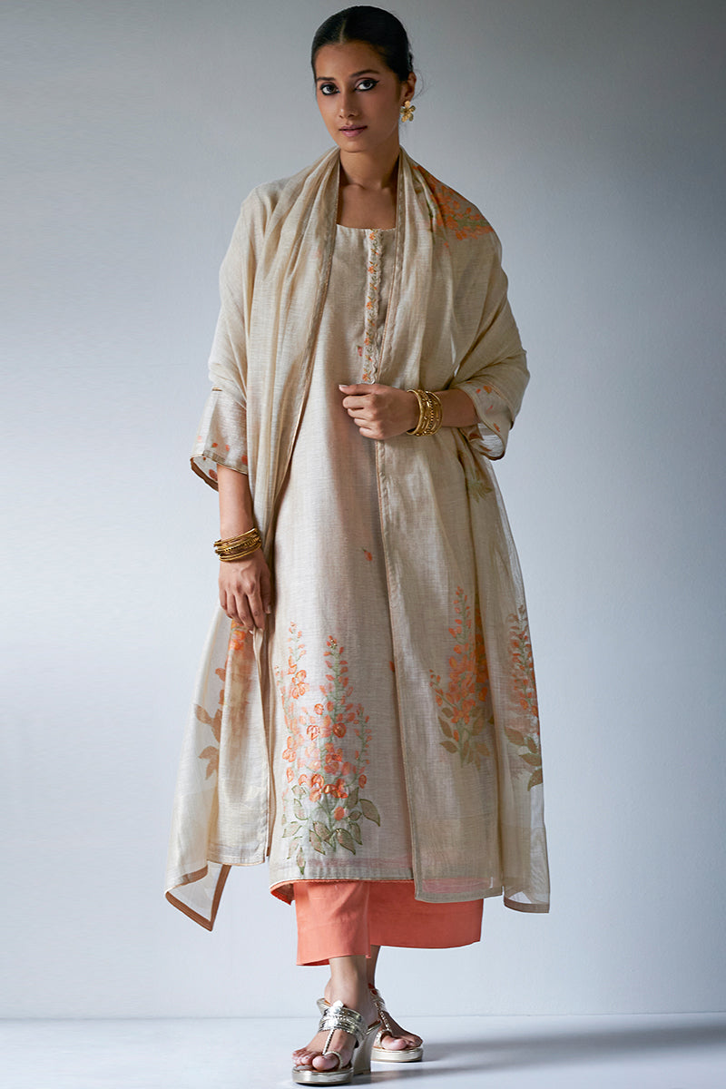 Beige Woven Kurta Suit Set With Delicate Hand Work Detailing and Embroidery Placket