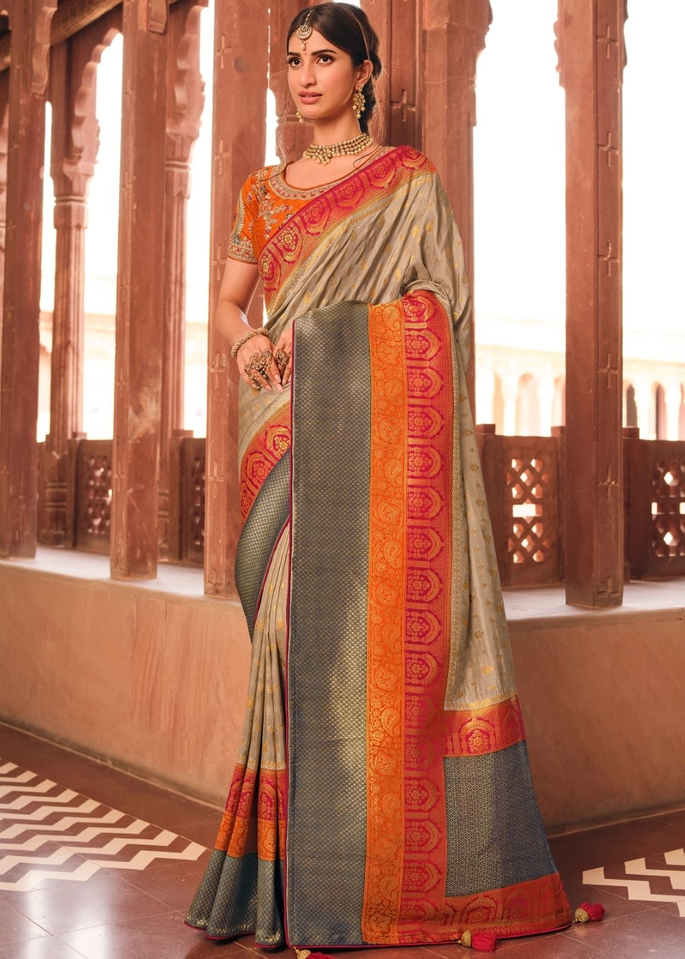 Khaki Brown Woven Banarasi Silk Saree with Embroidered Blouse