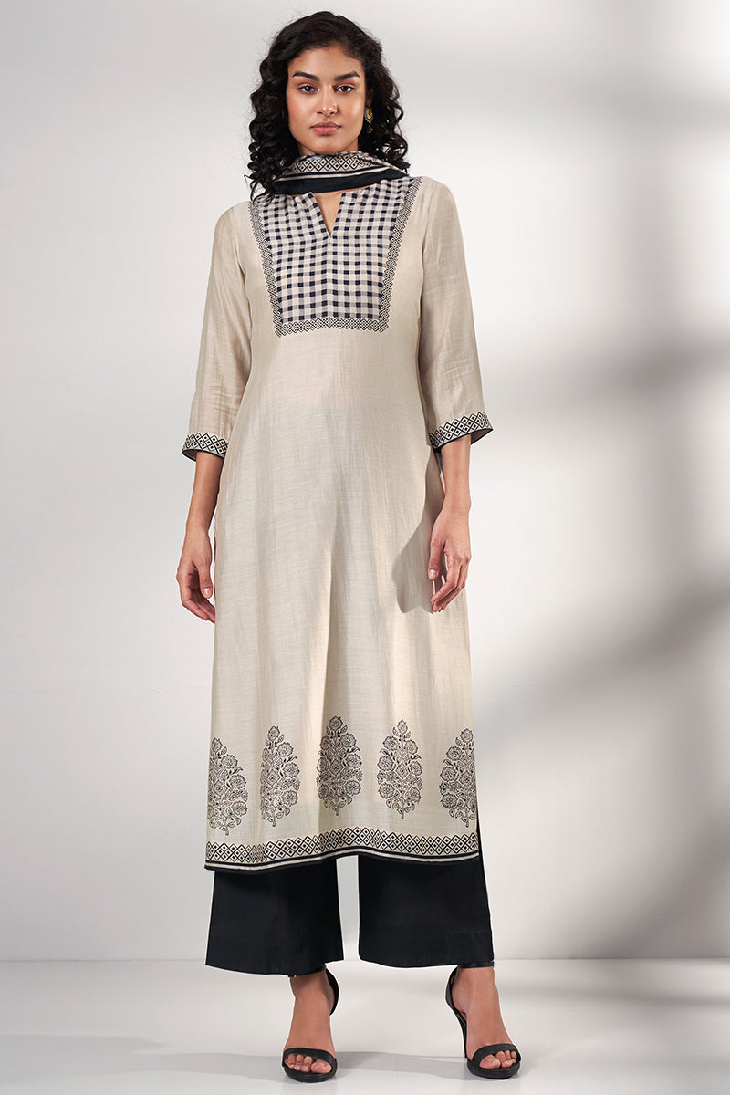 Beige And Black Bemberg Silk Kurta With Bemberg Silk Dupatta