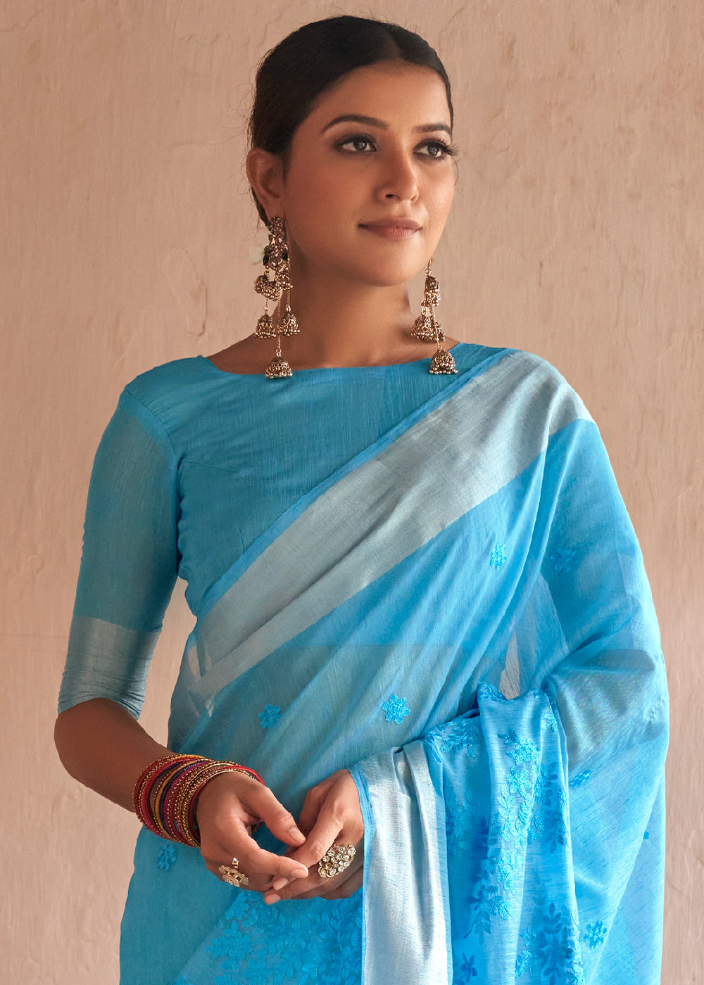 Dodger Blue Floral Embroidered Linen Saree