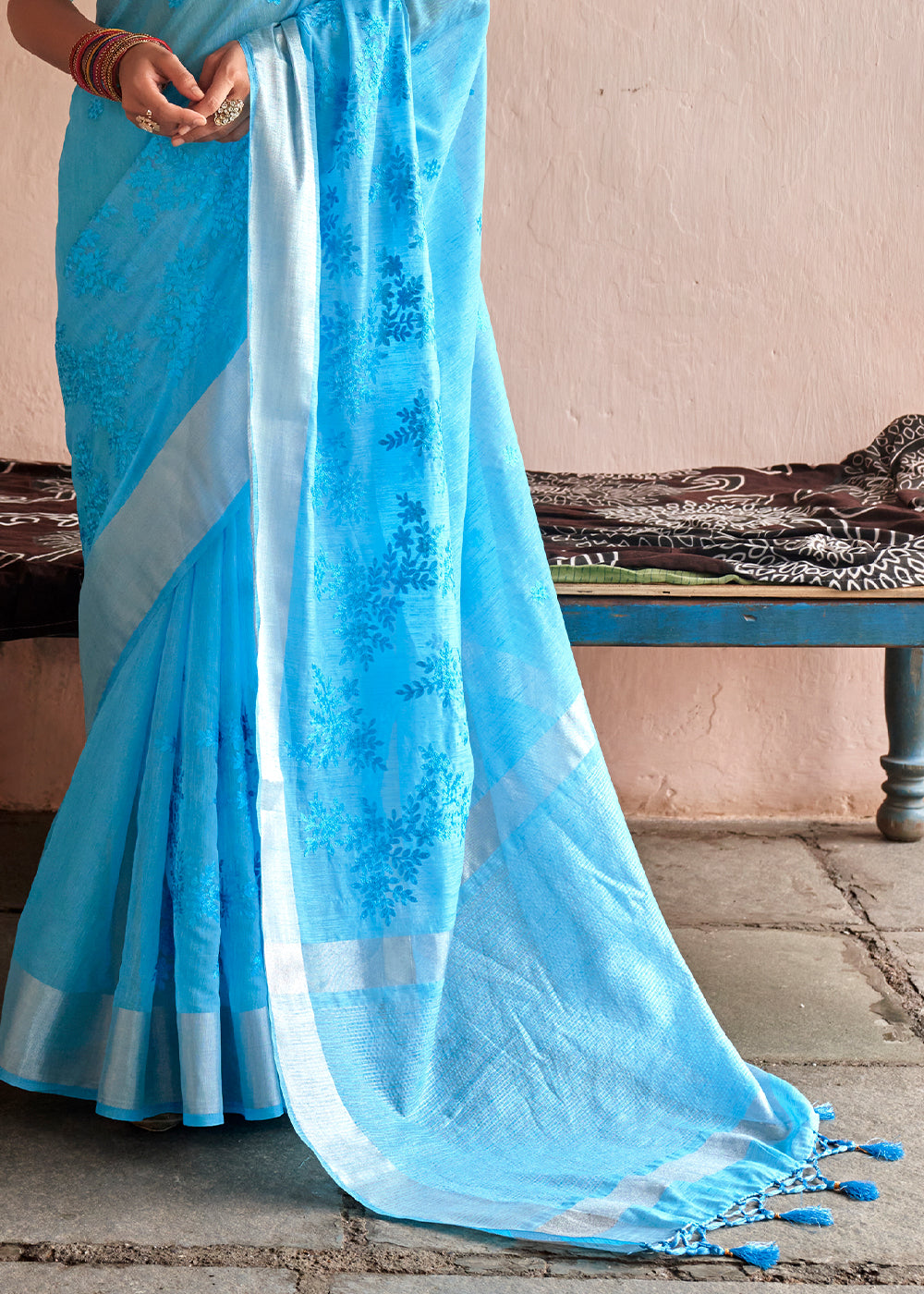 Dodger Blue Floral Embroidered Linen Saree