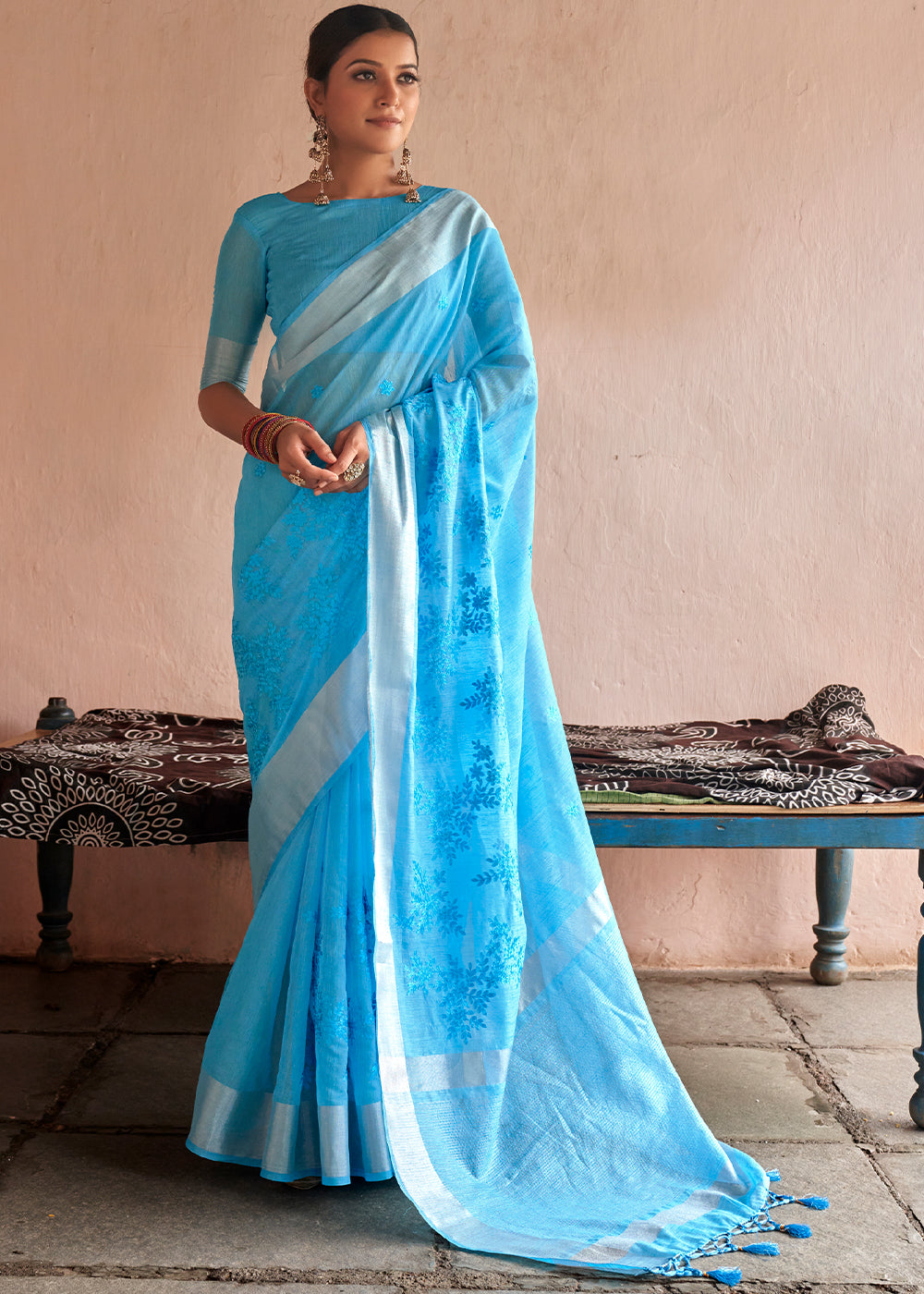 Dodger Blue Floral Embroidered Linen Saree