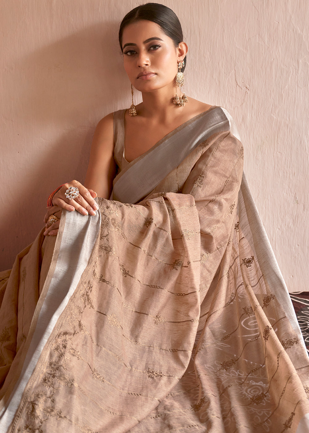 Fawn Brown Floral Embroidered Linen Saree