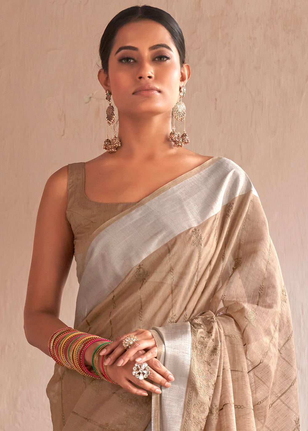 Fawn Brown Floral Embroidered Linen Saree