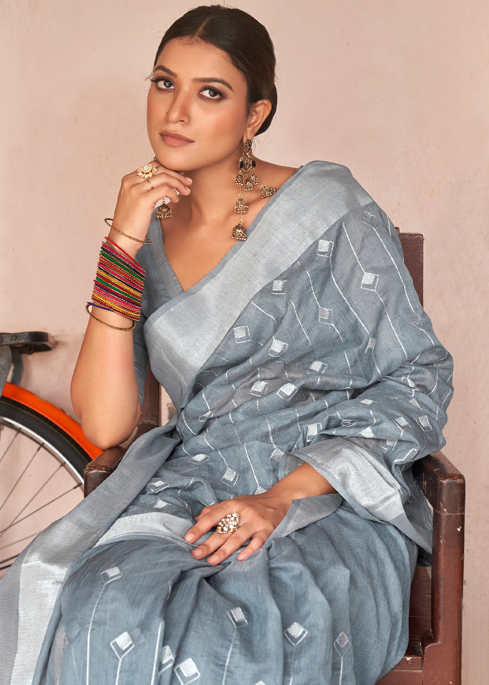 Steel Grey Floral Embroidered Linen Saree