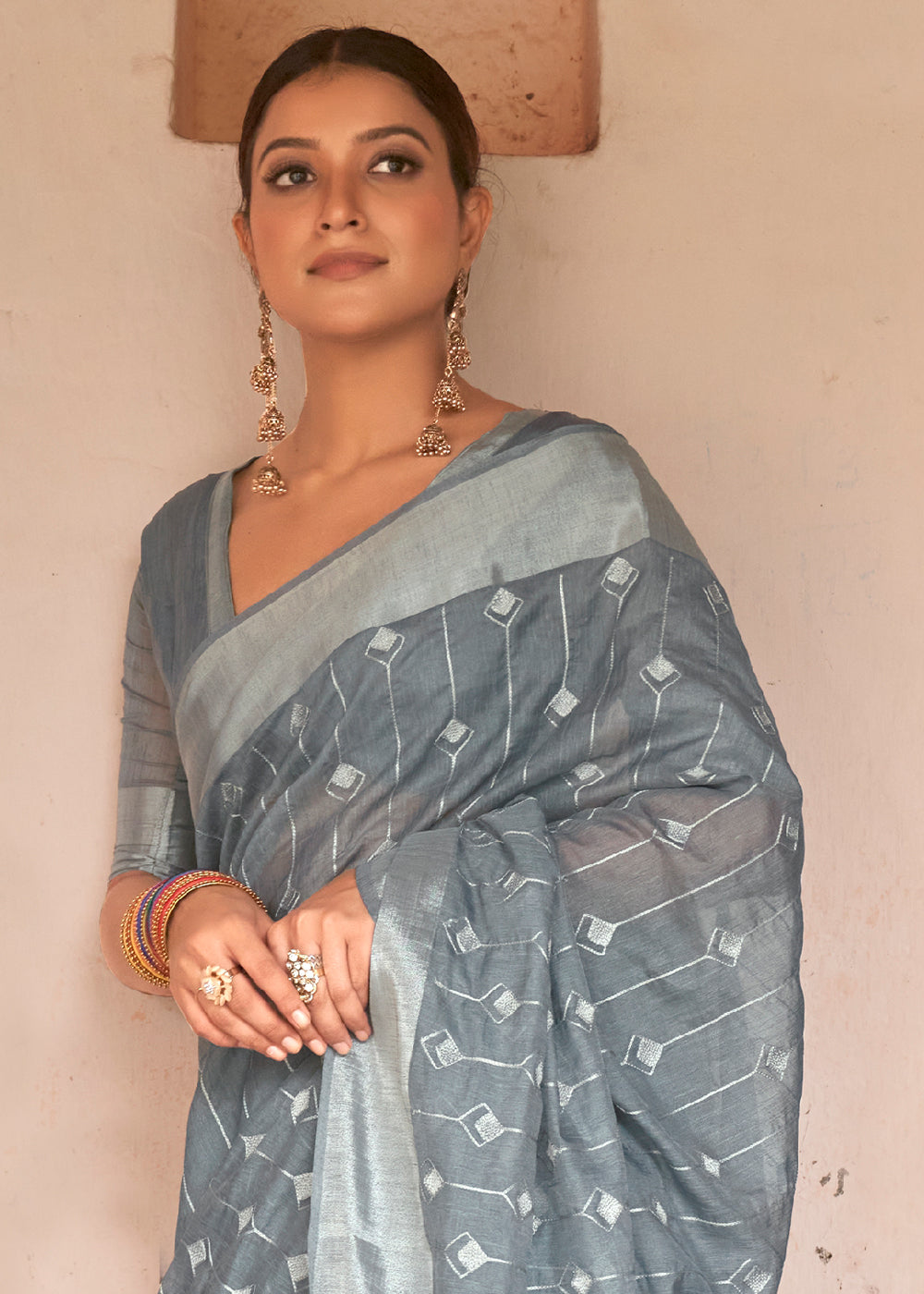 Steel Grey Floral Embroidered Linen Saree