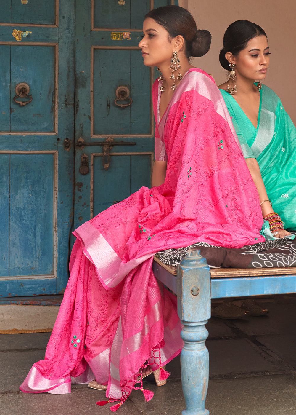 Hot Pink Floral Embroidered Linen Saree