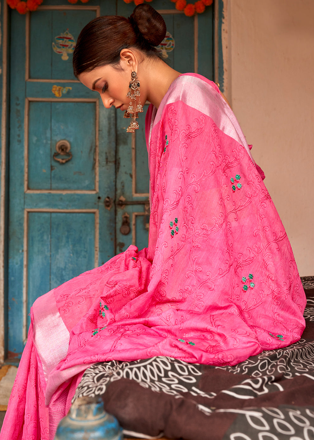 Hot Pink Floral Embroidered Linen Saree