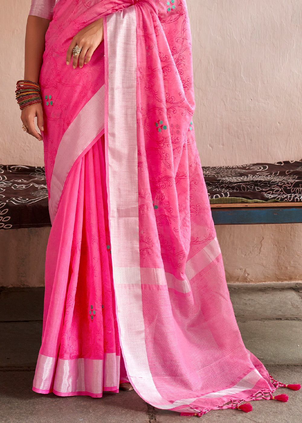 Hot Pink Floral Embroidered Linen Saree