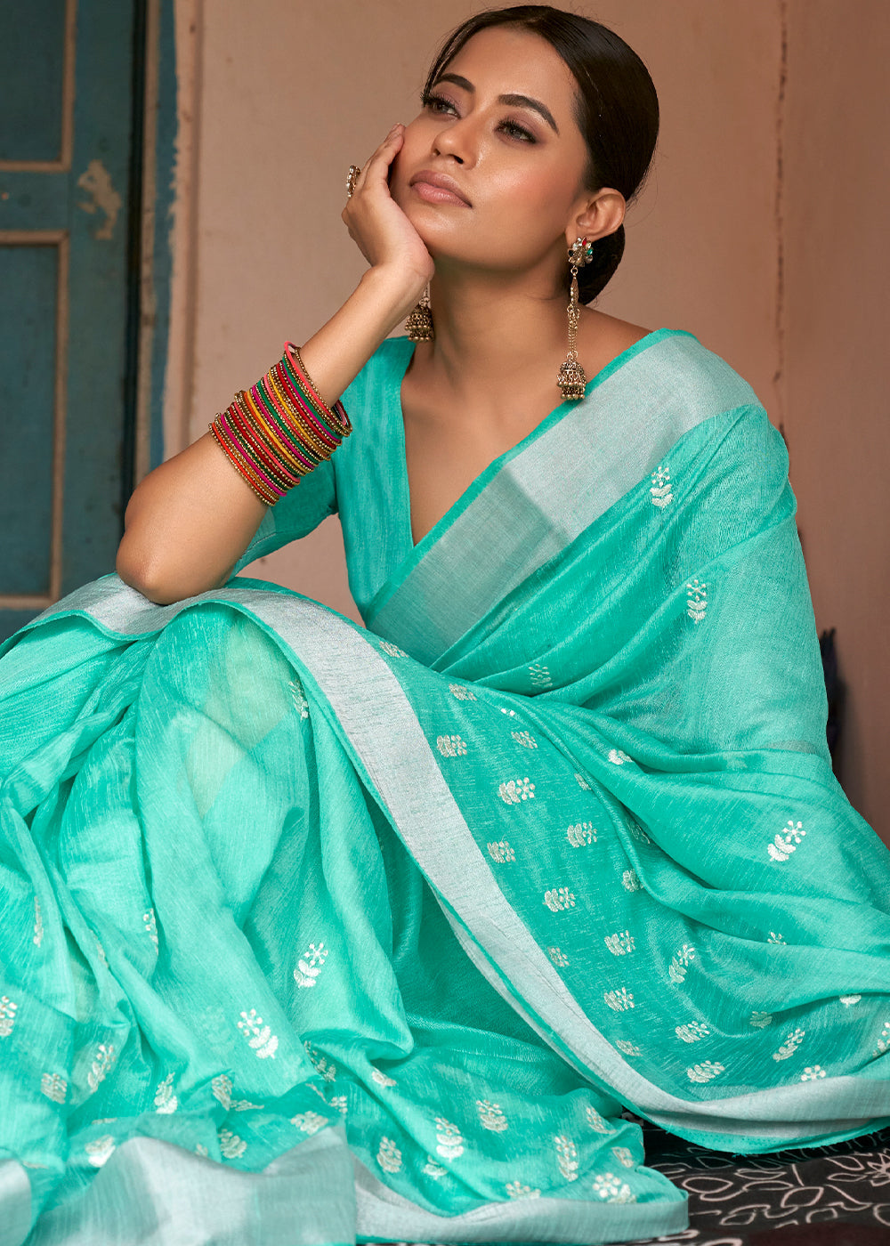 Turquoise Green Floral Embroidered Linen Saree