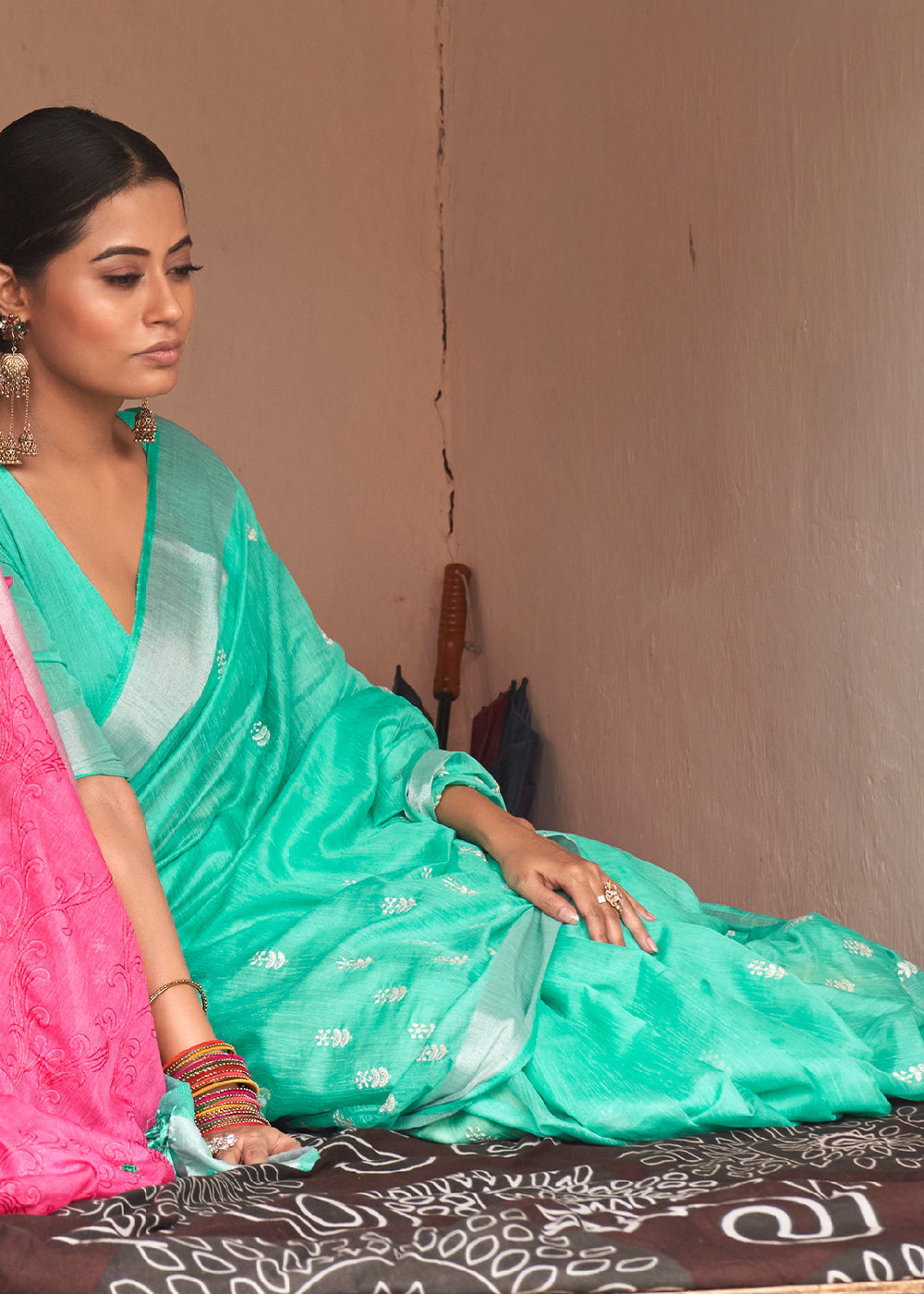 Turquoise Green Floral Embroidered Linen Saree