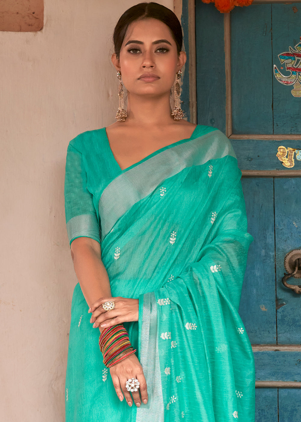 Turquoise Green Floral Embroidered Linen Saree