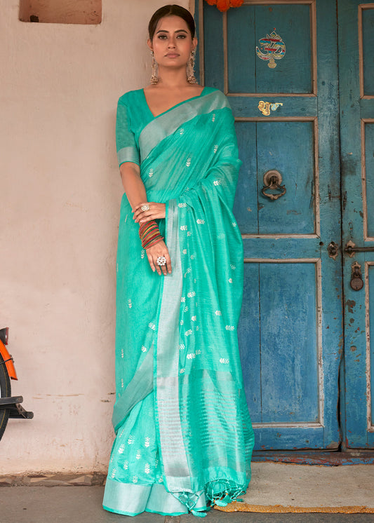 Turquoise Green Floral Embroidered Linen Saree