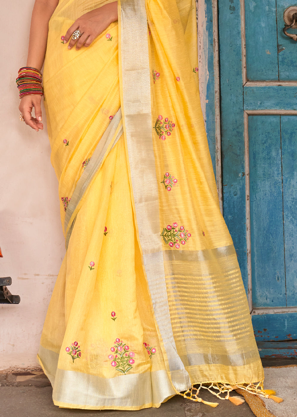 Aureolin Yellow Floral Embroidered Linen Saree