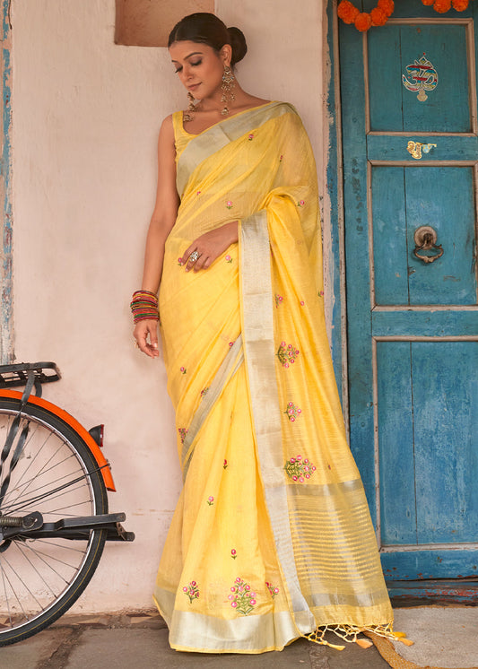 Aureolin Yellow Floral Embroidered Linen Saree