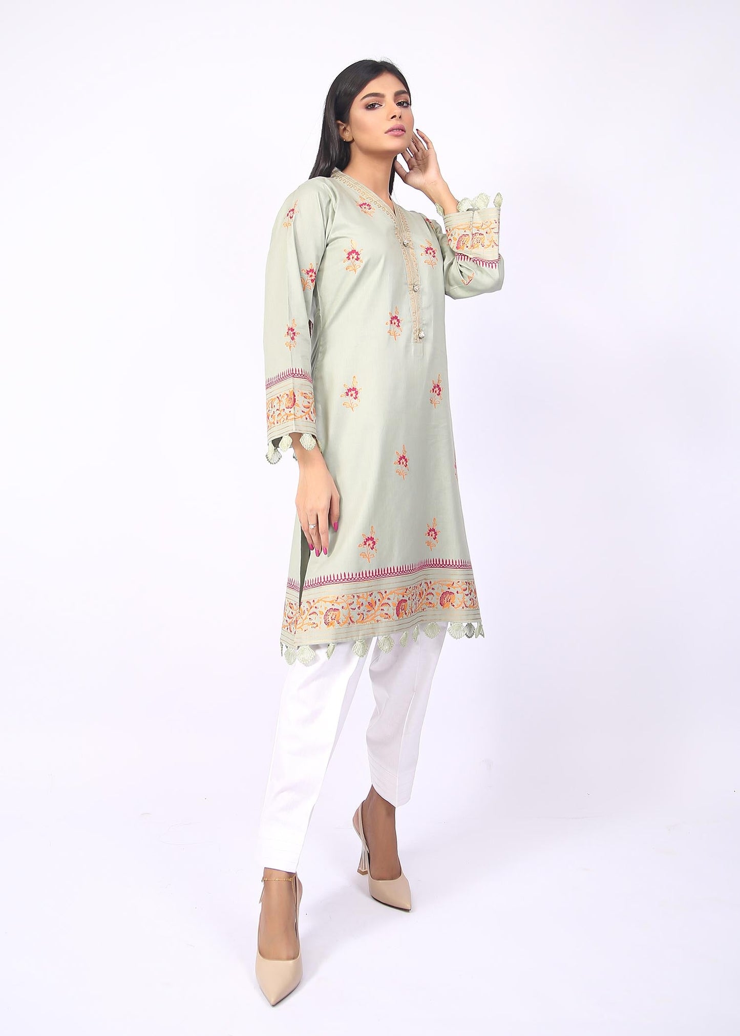 FashionPorters -Unstitched 3 Piece Block Printed Cotton Lawn Light Sage Green Suit SUS22-RY16