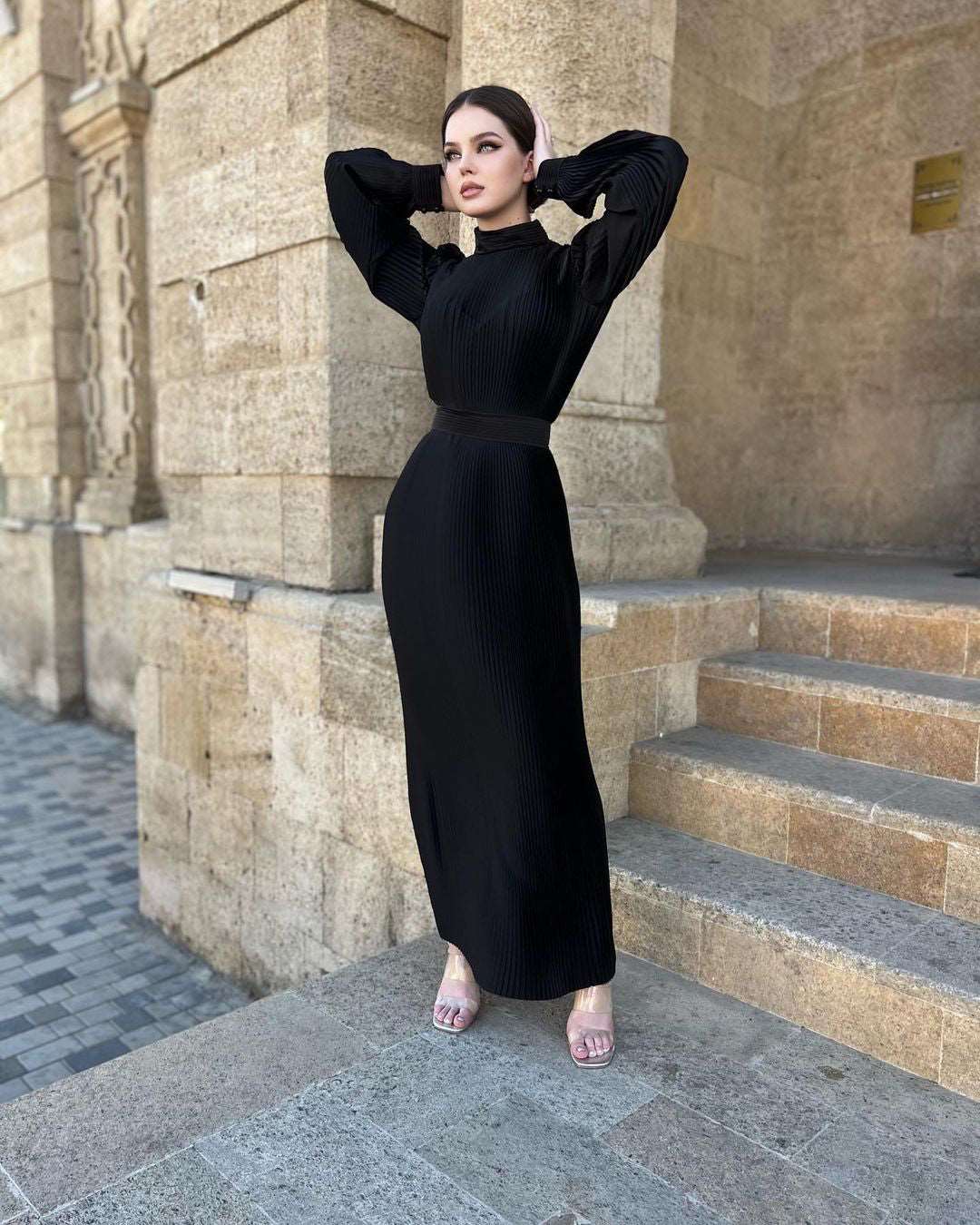 Ana Jet Black Folded Silk Dress