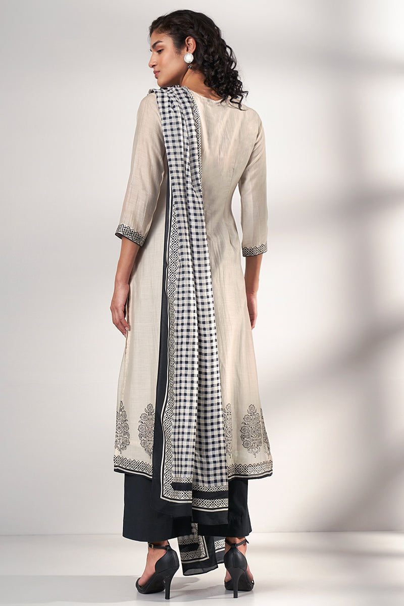 Beige And Black Bemberg Silk Kurta With Bemberg Silk Dupatta