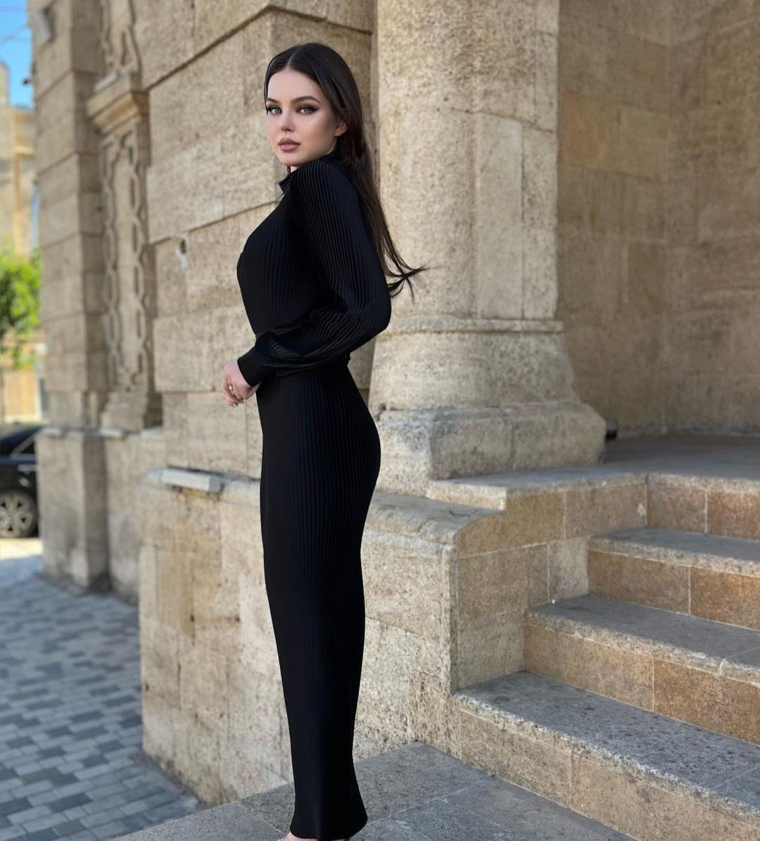 Ana Jet Black Folded Silk Dress