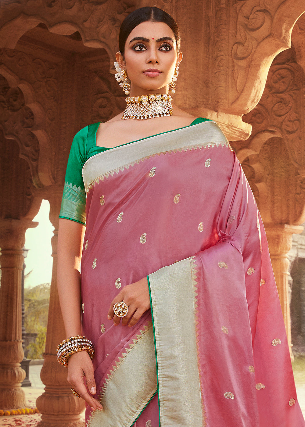 Carnation Pink Woven Kanjivaram Silk Saree