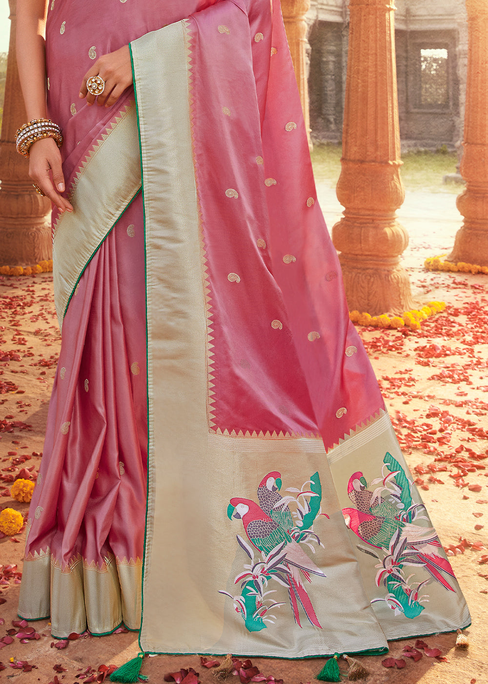 Carnation Pink Woven Kanjivaram Silk Saree