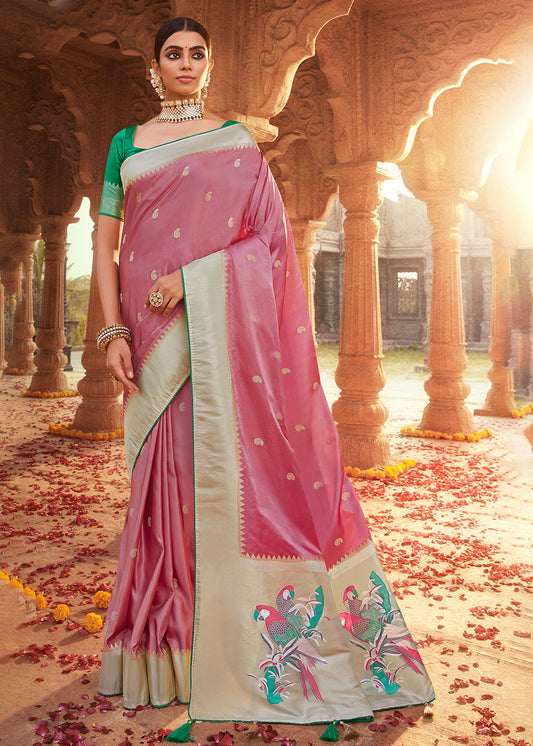 Carnation Pink Woven Kanjivaram Silk Saree