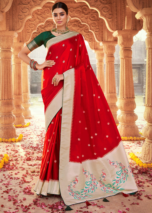 Lipstick Red Woven Kanjivaram Silk Saree