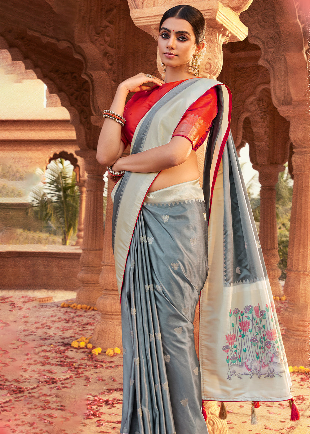 Lava Grey Woven Kanjivaram Silk Saree