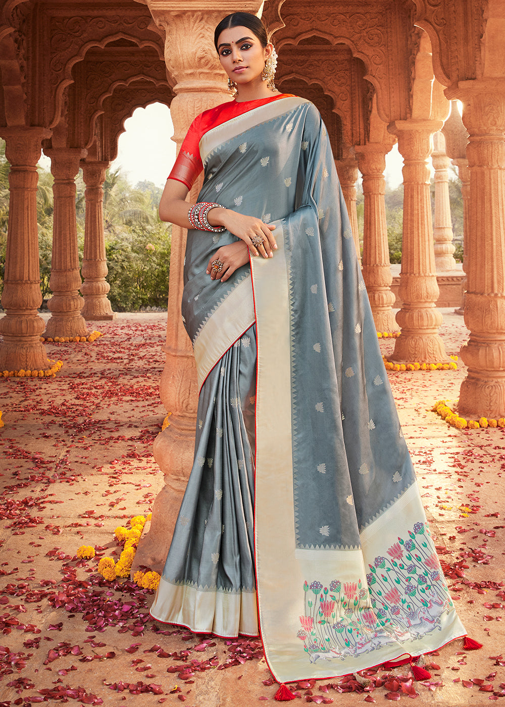 Lava Grey Woven Kanjivaram Silk Saree