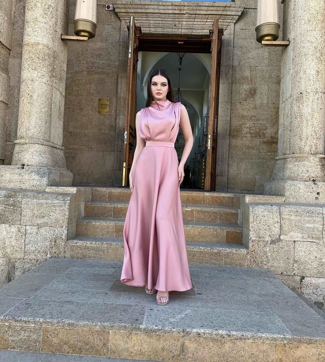 Luz Gathered Front Peach Pink Sleeveless Maxi Dress