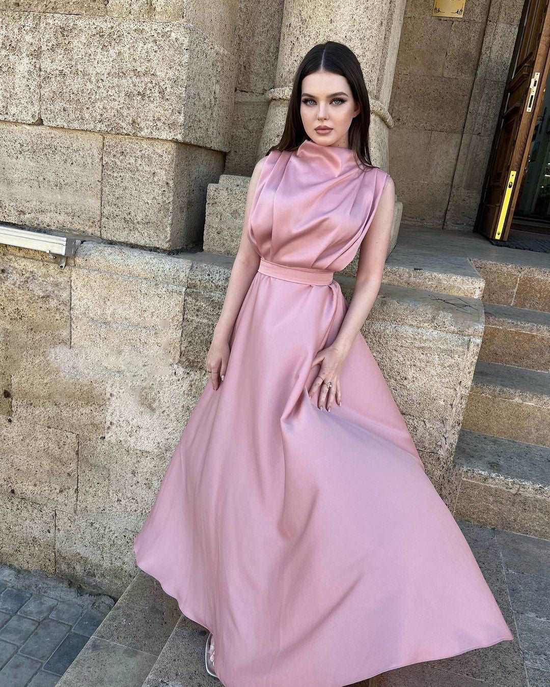 Luz Gathered Front Peach Pink Sleeveless Maxi Dress