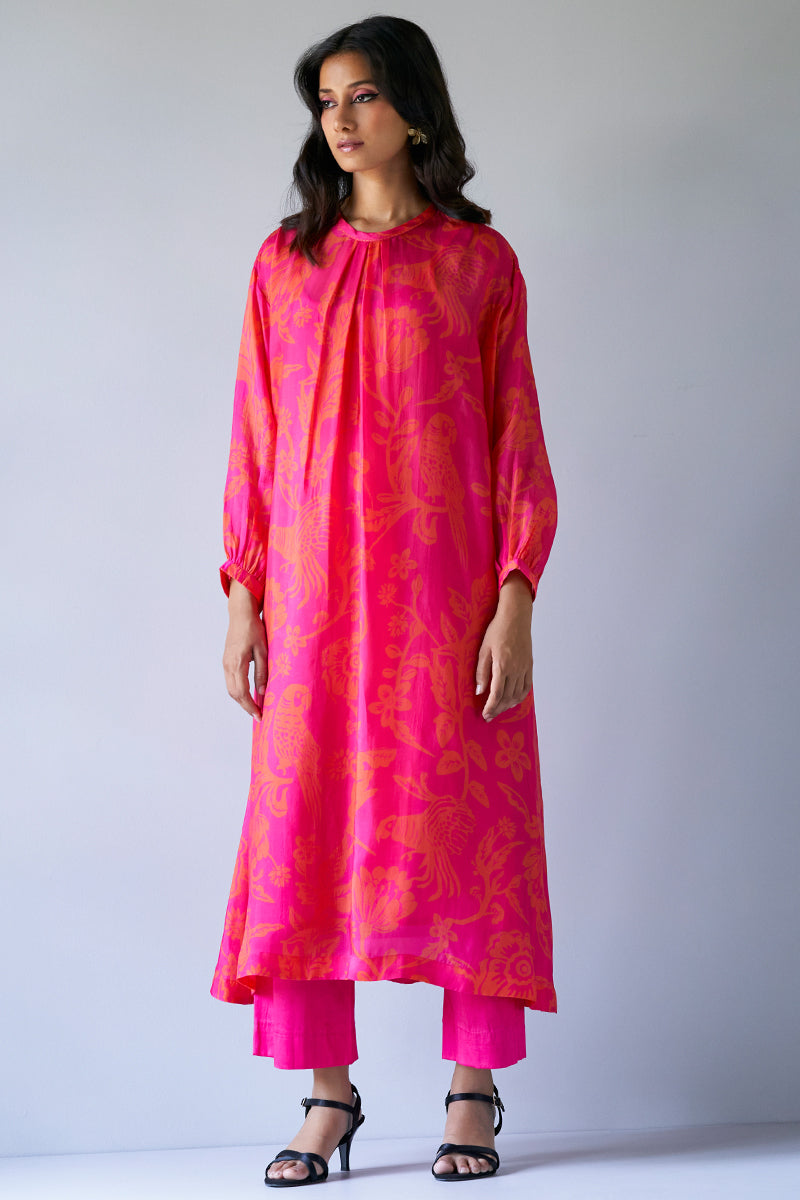 Hot Pink and Orange Bemberg Silk Printed Co-ord Set