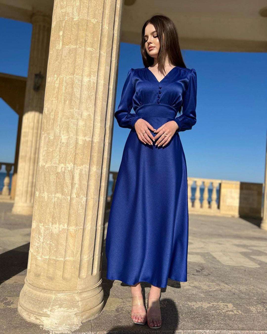 Esmeralda V-Neck Royal Blue Maxi Dress