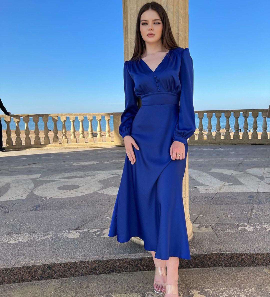 Esmeralda V-Neck Royal Blue Maxi Dress