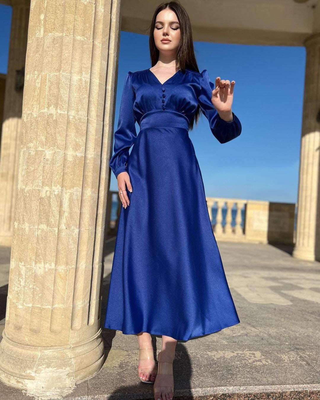 Esmeralda V-Neck Royal Blue Maxi Dress