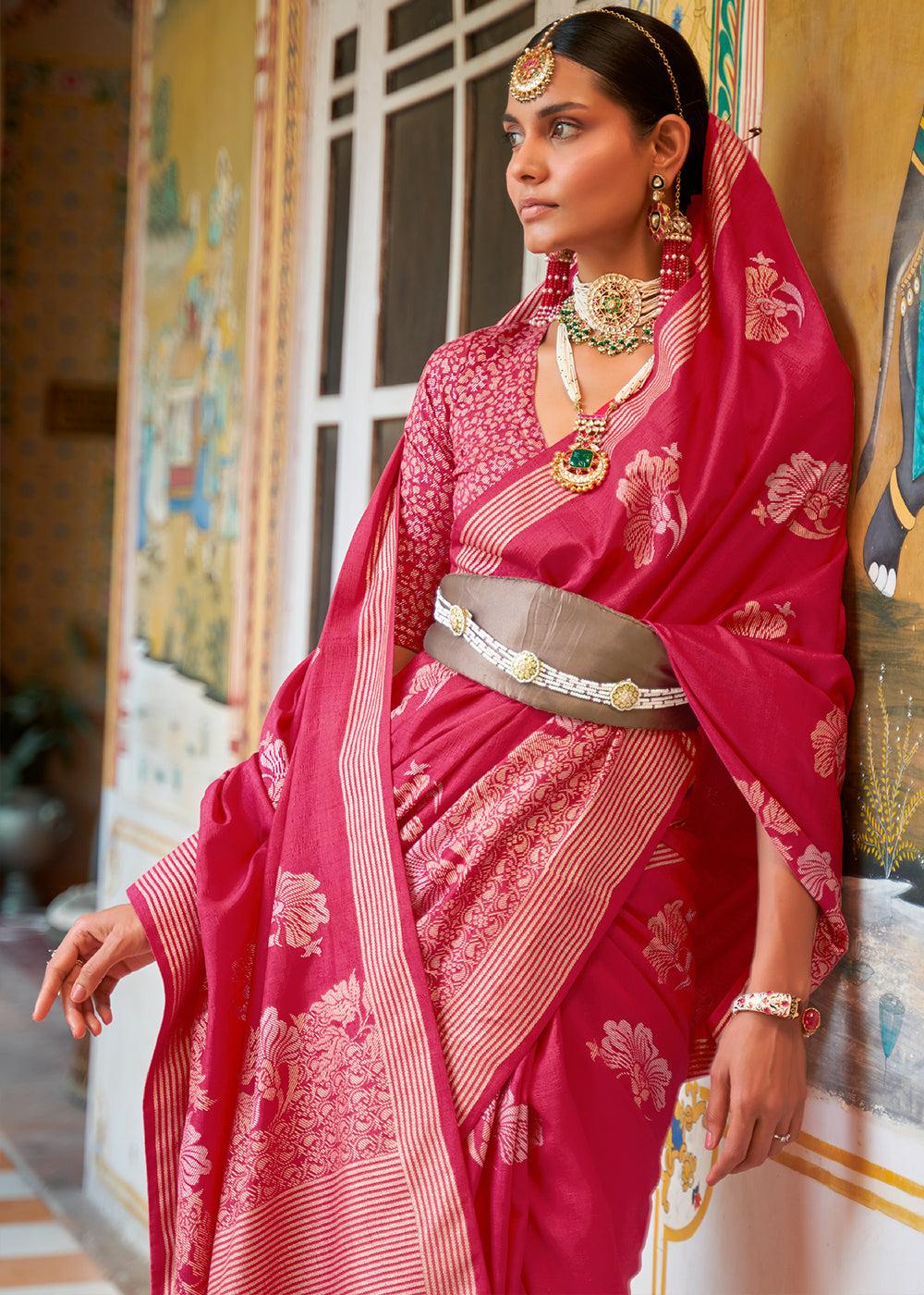 Cerise Pink Zari Woven Banarasi Silk Saree