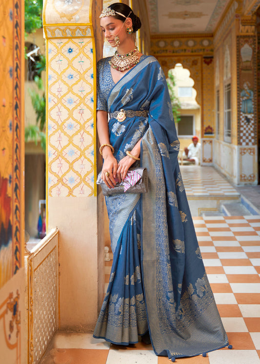 Slate Blue Zari Woven Banarasi Silk Saree