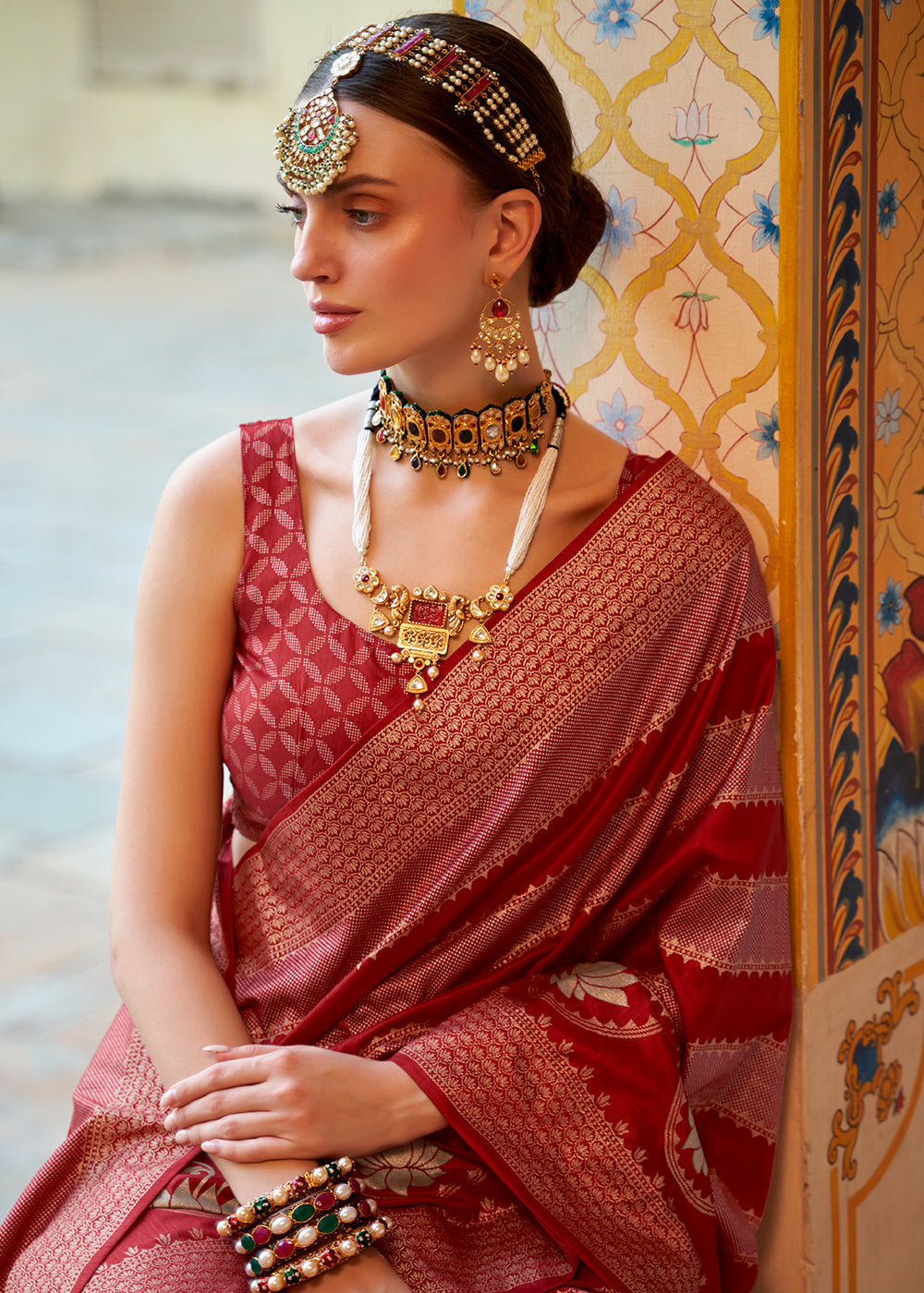 Shades Of Red Zari Woven Banarasi Silk Saree