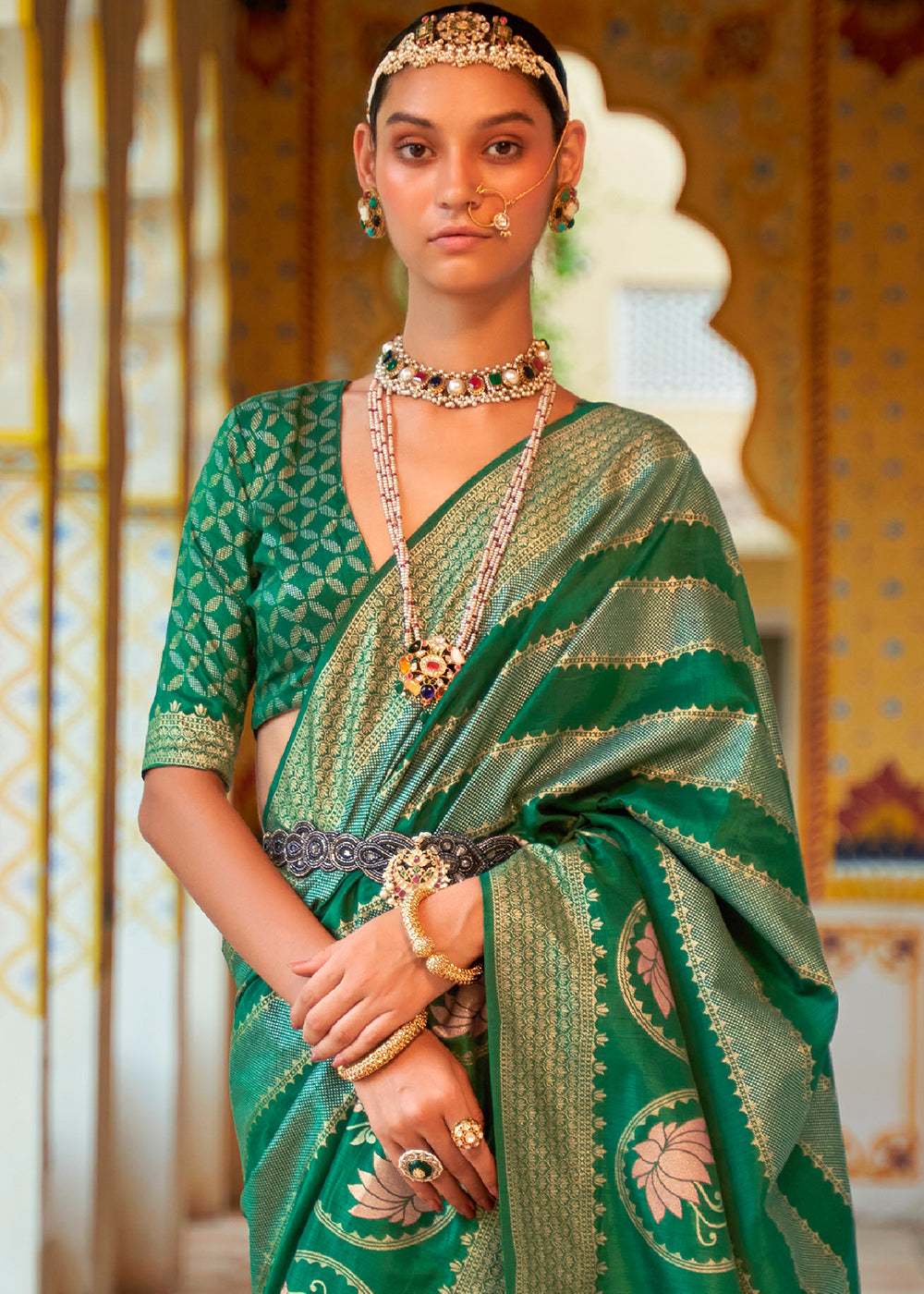 Shades Of Green Zari Woven Banarasi Silk Saree