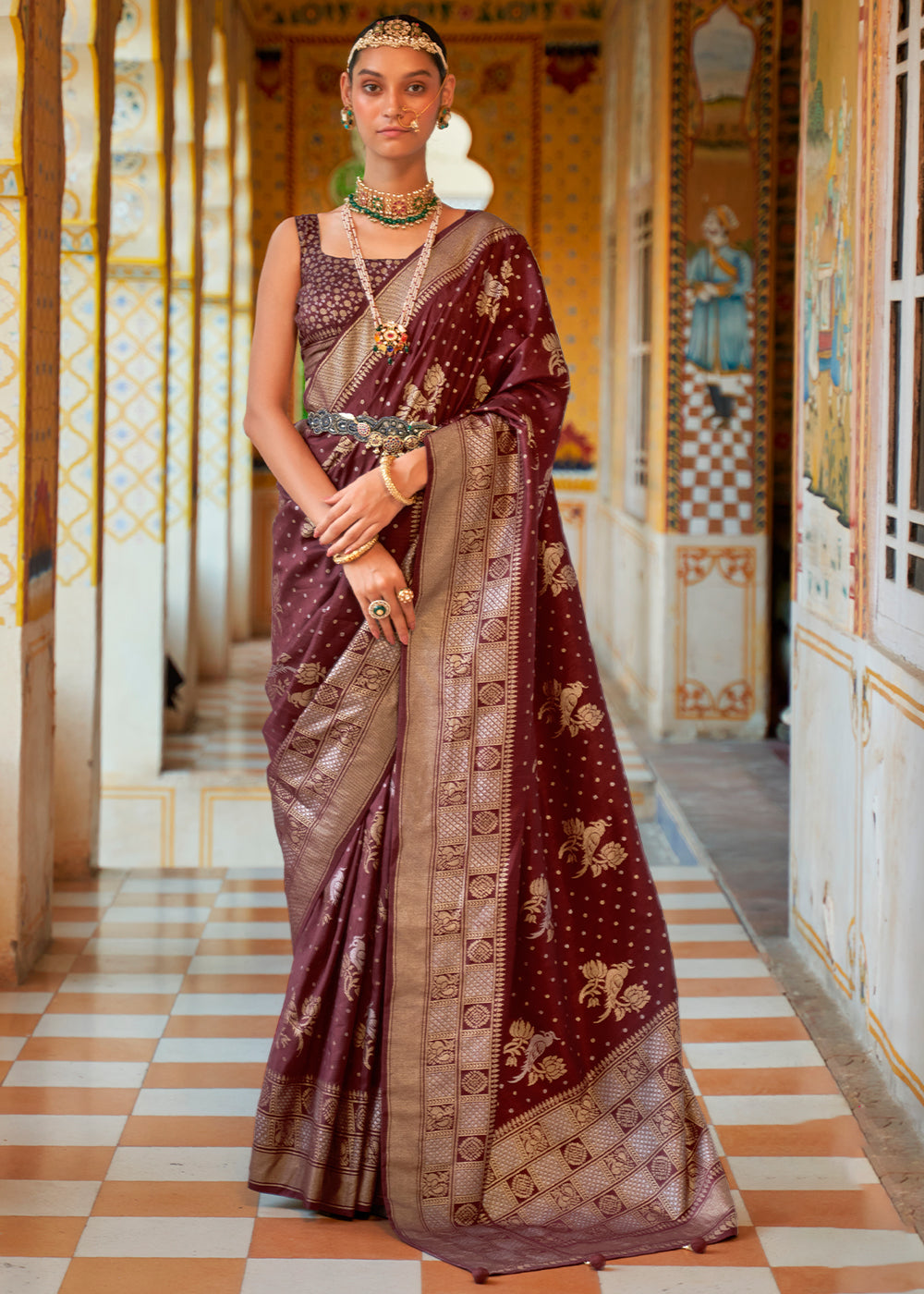 Russet Brown Zari Woven Banarasi Silk Saree