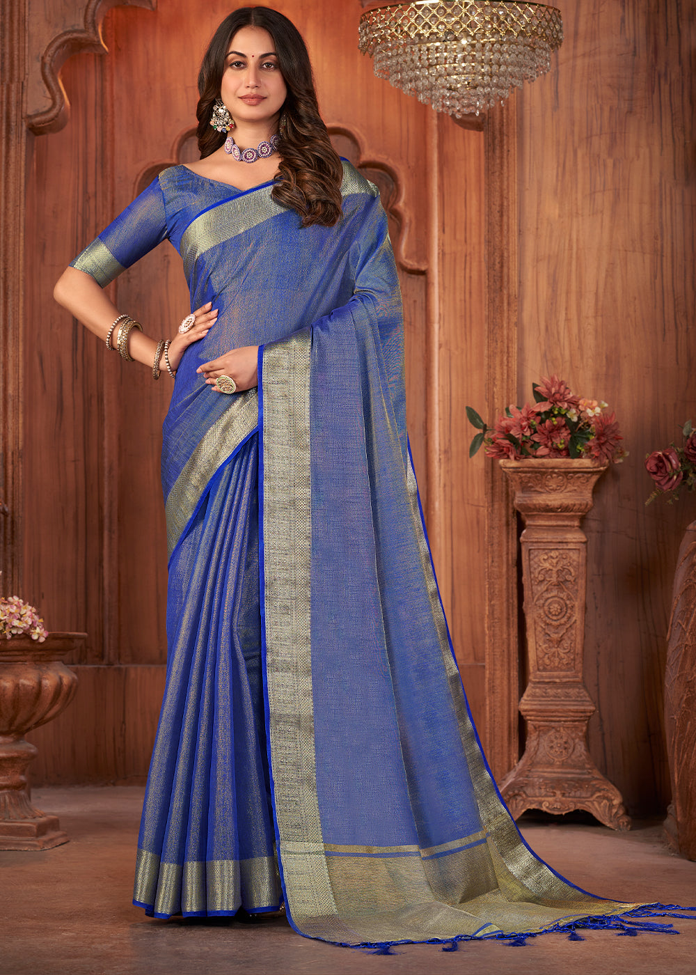 Shades Of Blue Zari Woven Tussar Silk Saree