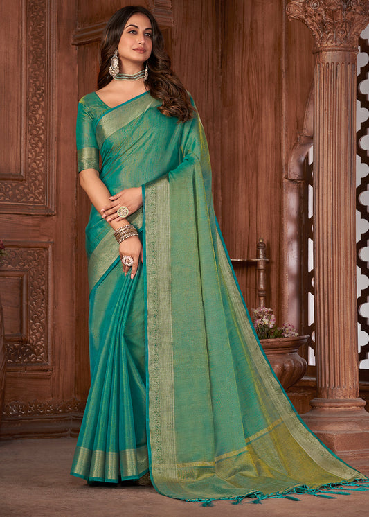 Shades Of Green Zari Woven Tussar Silk Saree