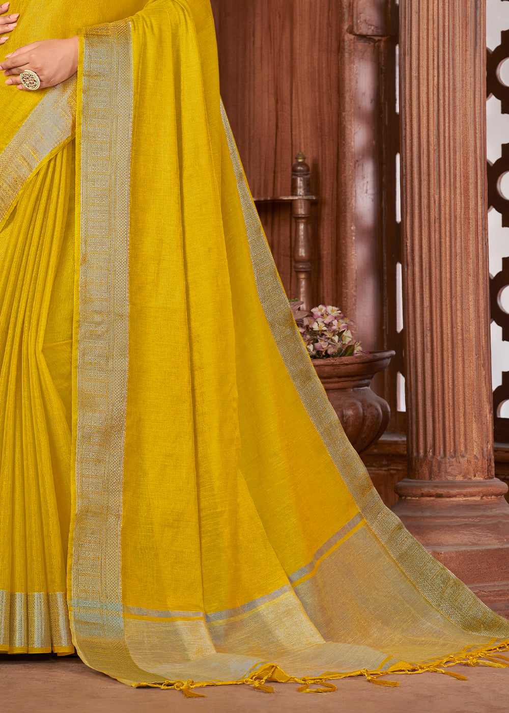 Aureolin Yellow Zari Woven Tussar Silk Saree