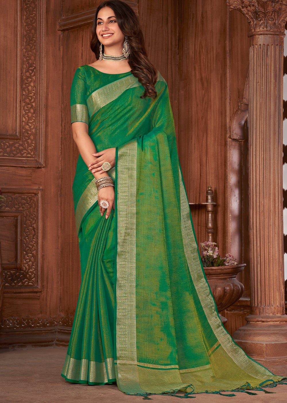 Revolution Green Zari Woven Tussar Silk Saree