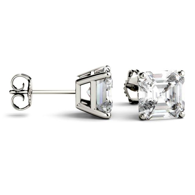 2.60 CTW Asscher Forever One Created Moissanite Four Prong Solitaire Stud Earrings in 14K White Gold