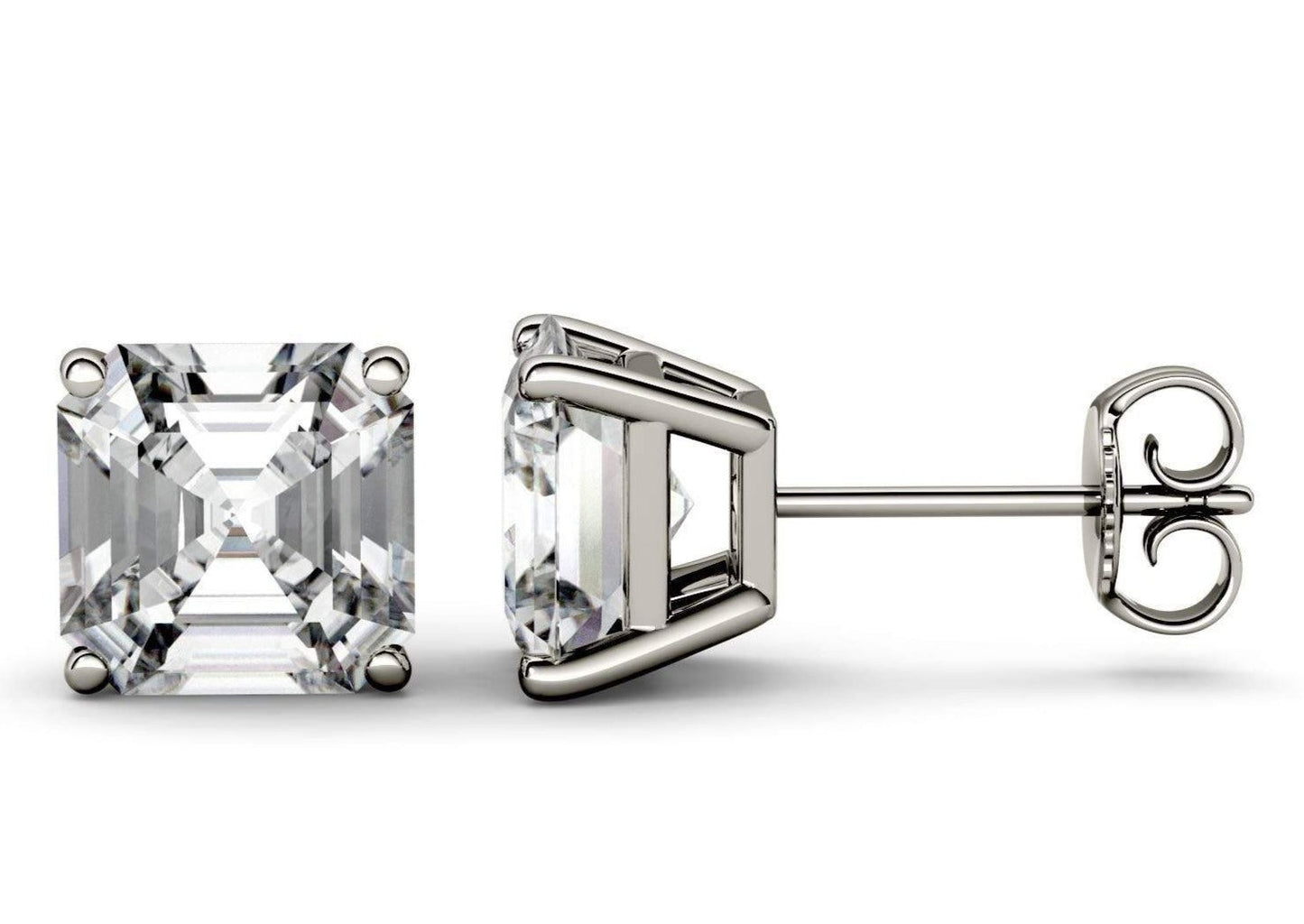 2.60 CTW Asscher Forever One Created Moissanite Four Prong Solitaire Stud Earrings in 14K White Gold