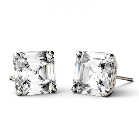 2.60 CTW Asscher Forever One Created Moissanite Four Prong Solitaire Stud Earrings in 14K White Gold