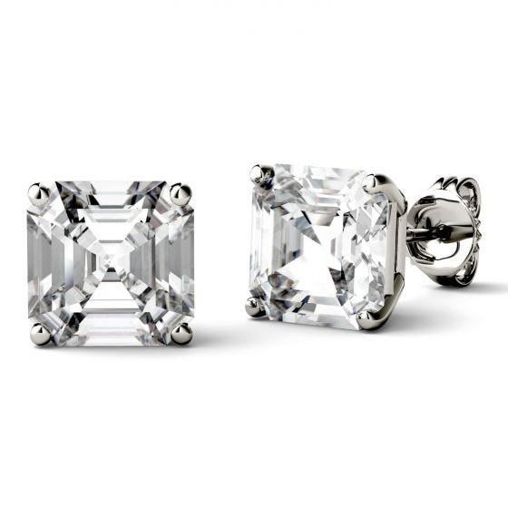 2.60 CTW Asscher Forever One Created Moissanite Four Prong Solitaire Stud Earrings in 14K White Gold